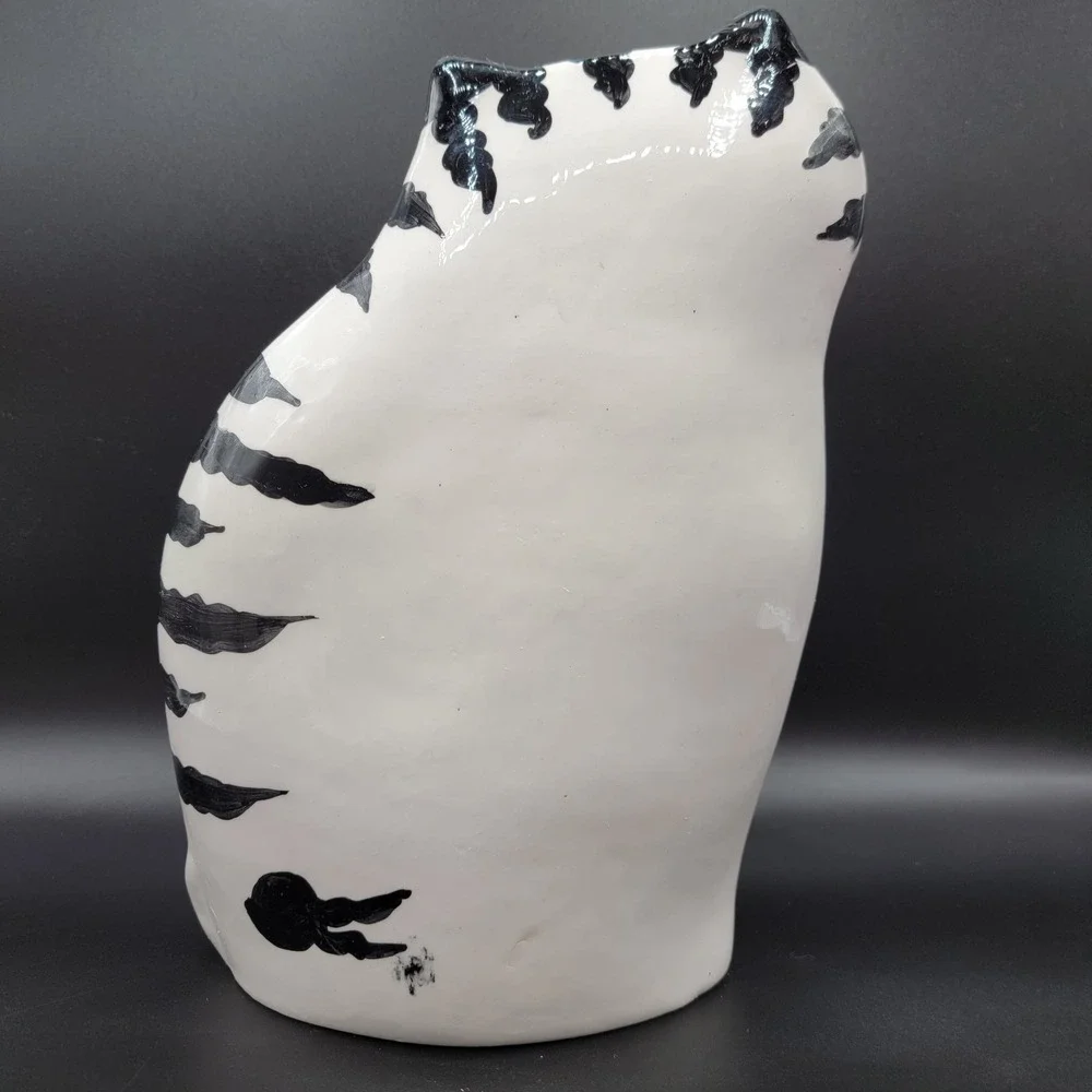 Vtg Ceramic Flat Cat Figurines 1991 Black & White Striped Pink Bow Hand Painted